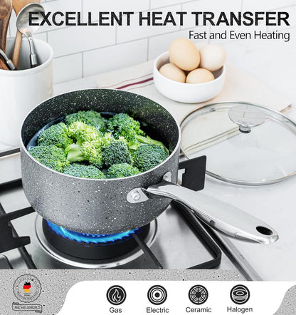 MICHELANGELO Nonstick Sauce Pan - 1 Quart with Lid & Stainless Steel Handle | Grey Granite Finish