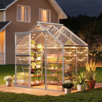 6x4FT Greenhouse for Outdoors, Walk-in Polycarbonate Greenhouse with Sliding Door, Adjustable Roof Vent & Gutter System, Portable Outdoor Green House Kit for Winter Gardening