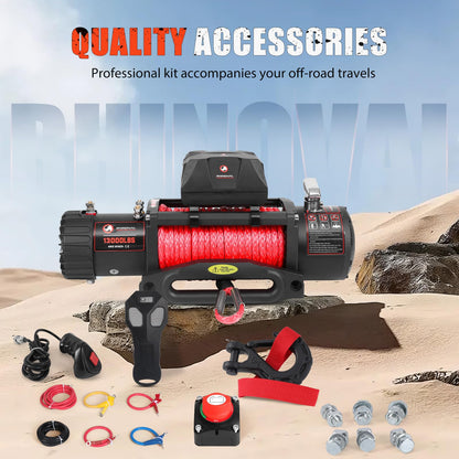RHINOVAL 13000lb Electric Winch, Synthetic Rope, Battery Disconnect Switch, Low Profile Control Box, 12V, IP67 Waterproof, Wireless Remote, for Offroad Recovery SUV, Truck, Boat Trailers, Flatbeds