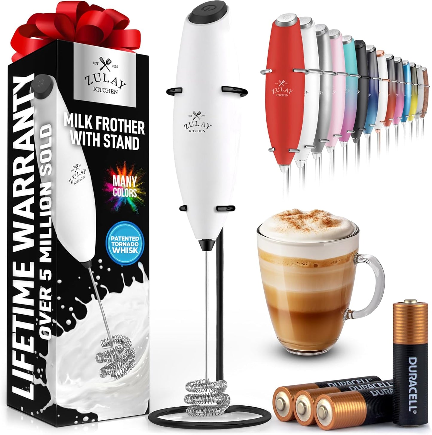 Zulay Kitchen Tornado Triple Whisk Milk Frother - Handheld Foam Maker for Coffee & Lattes - White & Black