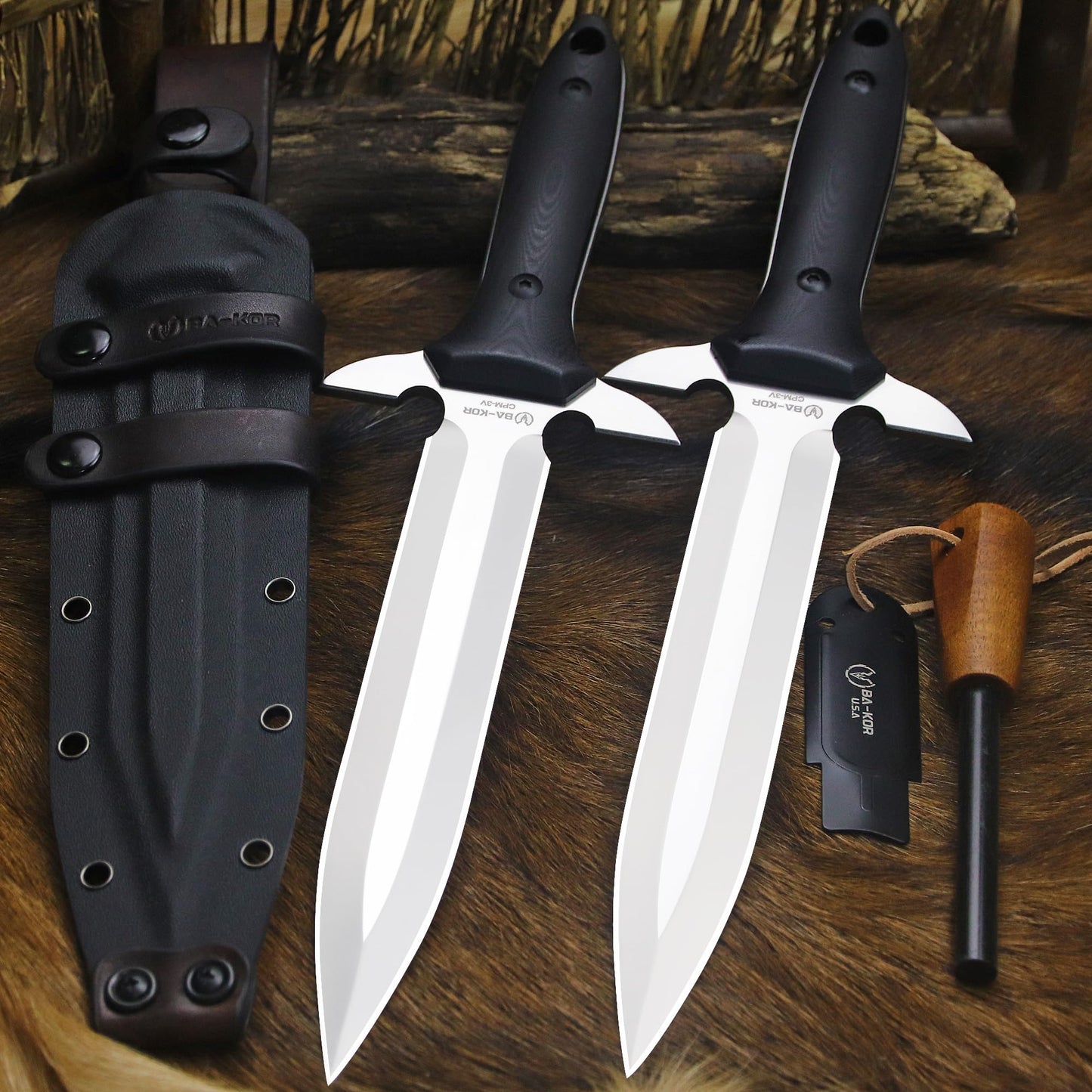 BA-KOR 14.4” Fixed Blade Hunting Knife, CPM 3V Steel Full Tang Survival Knife, 5mm Thick Mirror Polished Blade, G10 Handle, Leather Wrapped Kydex Sheath & 5.9” Fire Starter