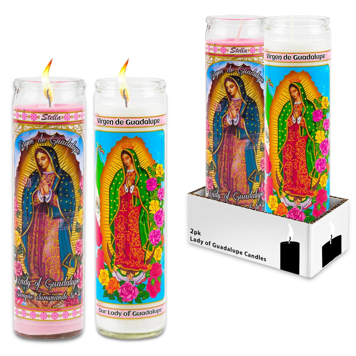 Our Lady of Guadalupe Devotional Candle 2 Pack - Bundle with 2 Lady of Guadalupe Glass Prayer Candles for Vigils, Prayers, Blessing, Religious Ceremonies | Pink and White Unscented Religious Candles
