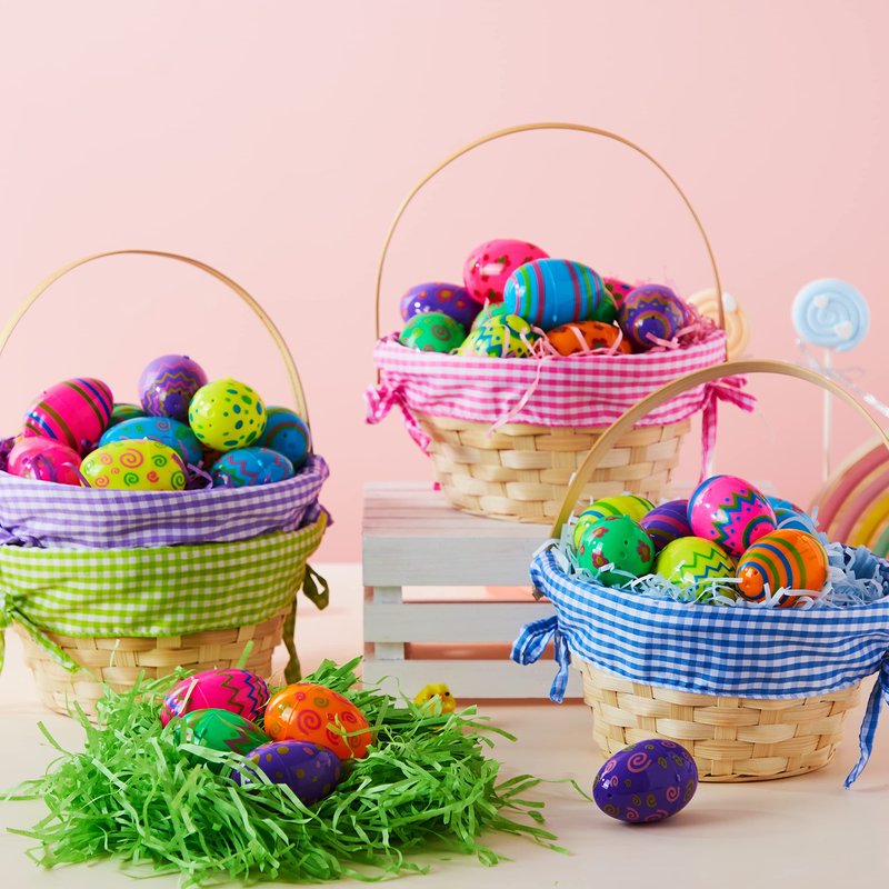 JOYIN 4 Pcs Easter Bamboo Baskets Gift Woven Baskets with Handles and 4 Colors Grass Paper Shreds, Candy Wicker Candy Toys Storage Bucket for Easter Egg Hunt, Kids Party Supplies(9" X 8")