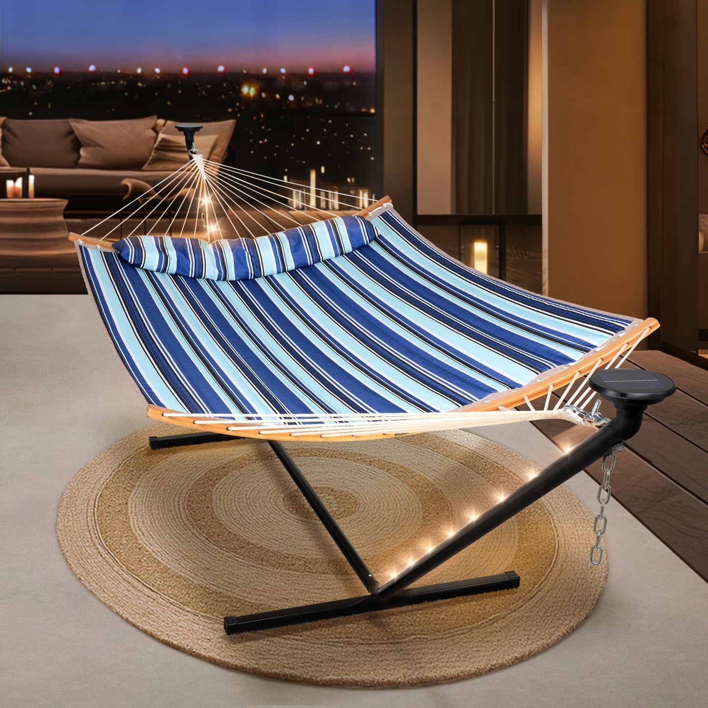 SUNCREAT Double Hammock with 12 ft Stand, Solar Powered Lights Included, Outdoor Hammock for Outside, Blue & White