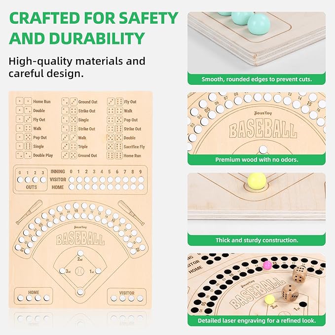 Baseball Board Game Wooden Baseball Dice Game with Marbles Baseball Travel Game and Indoor Table Game for Camping Family Gatherings Baseball Gift for Teens Adults (Natural Style)