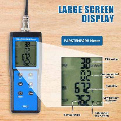 Quantum PAR Meter for LED Grow Lights, 400-700nm Wavelengths Range, Temperature and Humidity Display, PPFD Meter with 36 inch Telescopic Wand for Easy Testing in Tent, Room, Greenhouse