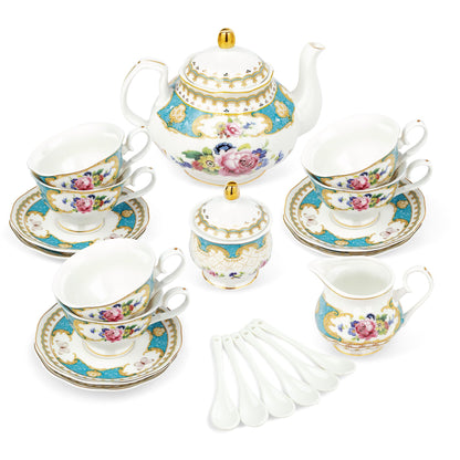 fanquare 21 Piece Floral Porcelain Tea Set, British Tea Cup and Saucer Set for 6, Tea Party Set for Women, Blue Roses