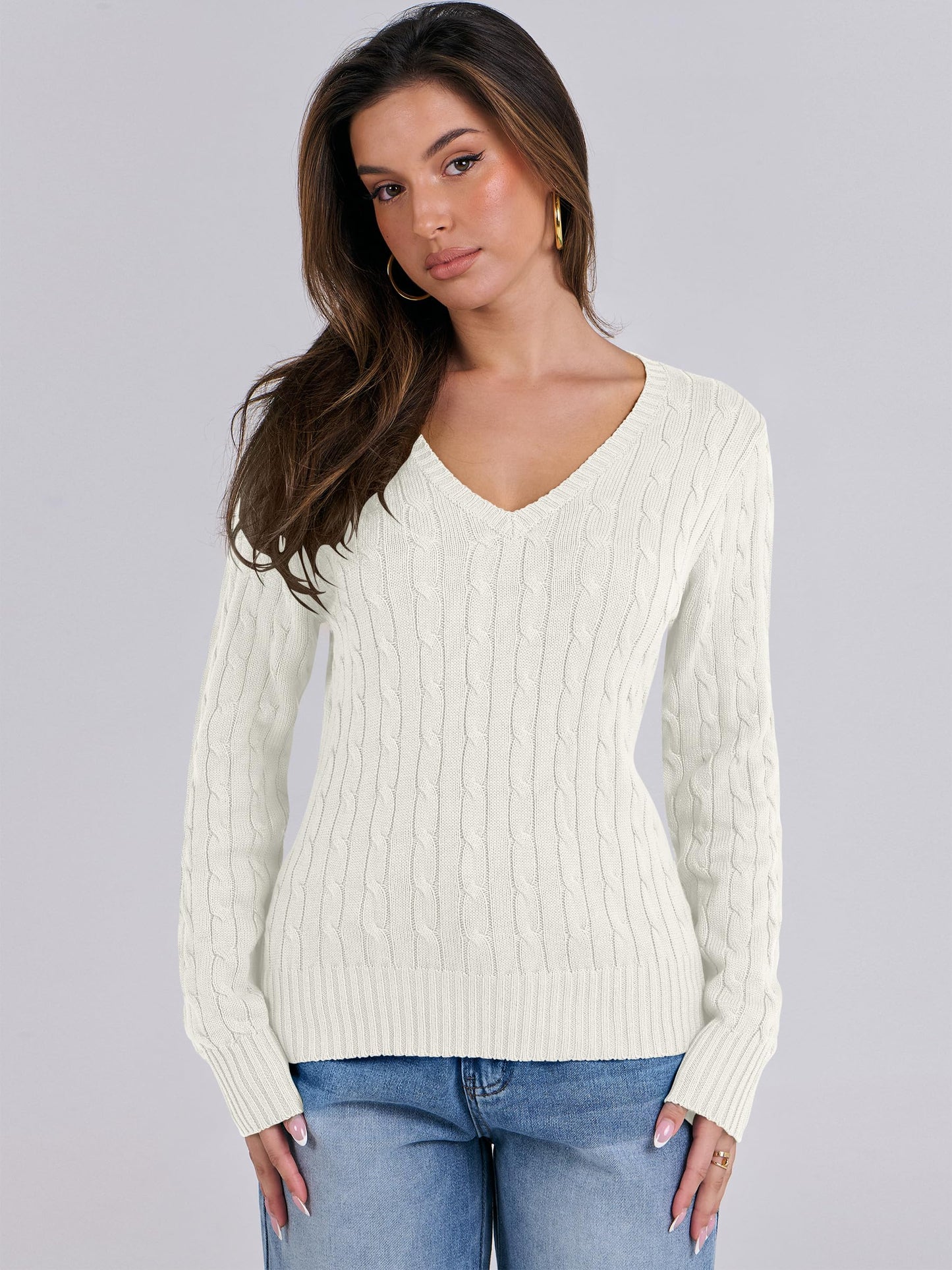 ANRABESS Womens Long Sleeve Cable Knit Sweater 2025 Fall Fashion V Neck Fitted Pullover Top Business Casual Work Fall Outfits