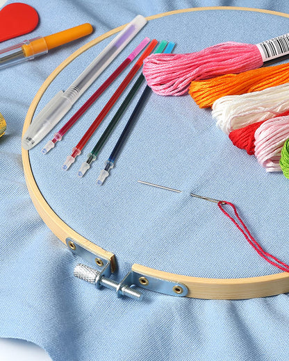 Caydo 10 Pieces Embroidery Fabric, Including 10 Colors Embroidery Cotton Fabric, 5 Colors Water-Soluble Pens, 7.9 by 7.9 Inch