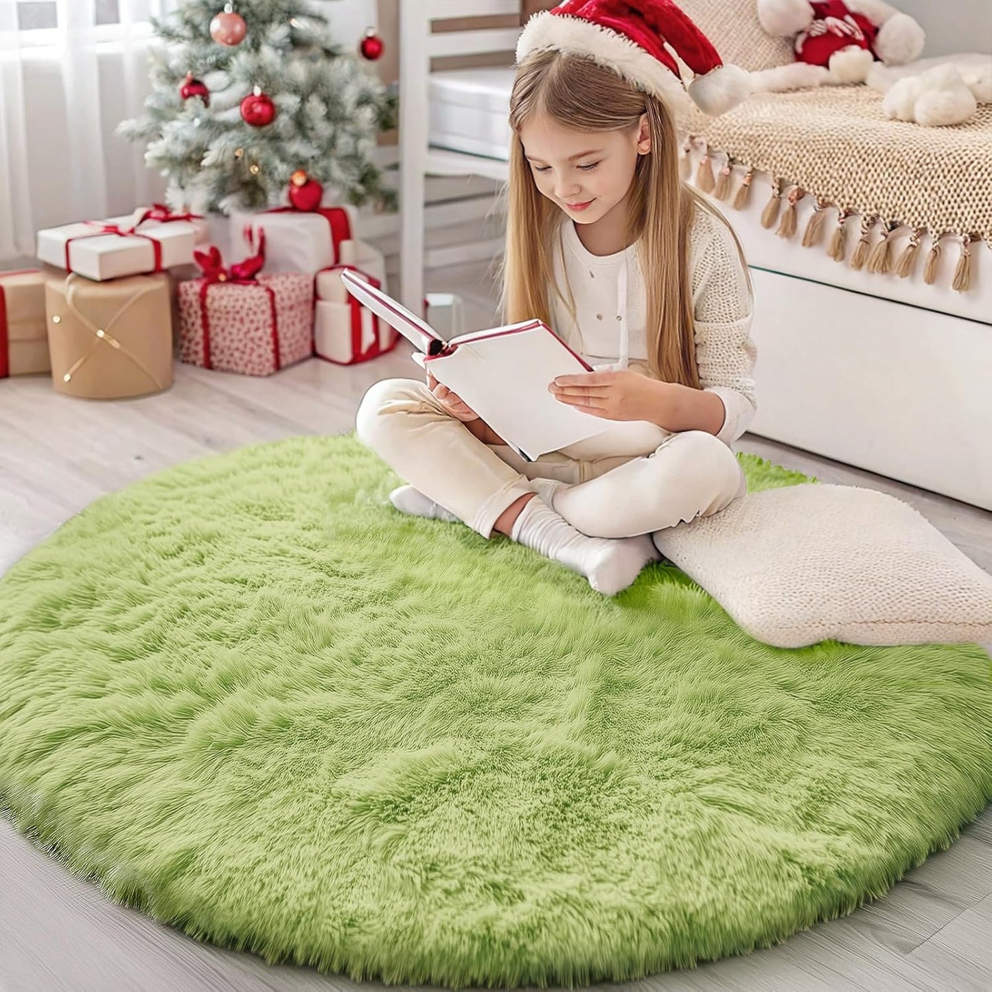 OLANLY Round Grass Green Area Rug - Soft, Fluffy, Machine Washable 4 ft Circle Carpet for Bedrooms & Nurseries