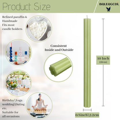 Long Taper Candles Grass Green Unscented Tall Candle 10 Inch Smokeless Ribbed Candlesticks Creative Handmade Candle Sticks for Holiday Weddings Home Decor 6 Pcs