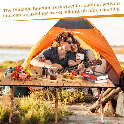 Suzile 4FT Folding Camping Table, Roll Up Portable Camp Table with Carry Bag, Low Collapsible Lightweight Aluminum Outdoor for Camping, Picnic, Beach, Patio, Kitchen (Yellow Wood Color)