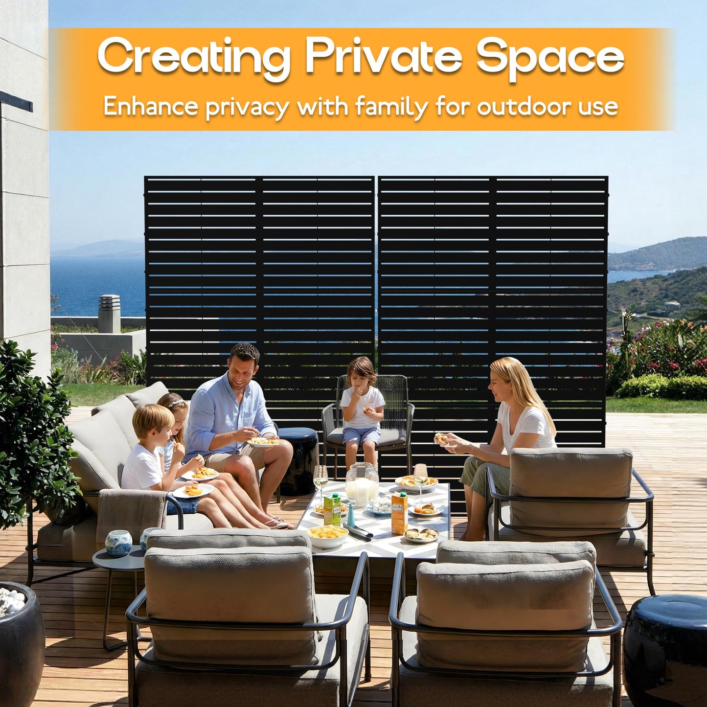 MTART Metal Privacy Screen 72" H x 47.2" Decorative Outdoor Privacy Screen Privacy Panel with Stand for Balcony Deck Patio Lawn Garden, Privacy Fence (Black-Louvered)