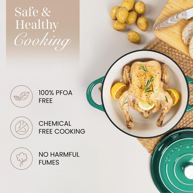 Nuovva Enamelled Cast Iron Dutch Oven Pot with Lid – 6.4 Quart Non Stick Casserole Pot – Heavy Duty & Oven Safe up to 500° F for Bread Baking, Braising, Stews, Roasting – 28cm Dark Green