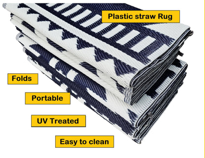 BalajeesUSA Outdoor Rugs–9x18 Plastic Patio Decor Grey Dark Blue, Durable and Affordable Recycled Straw Picnic All-Weather and Waterproof Reversible Camper Awning mats 7582