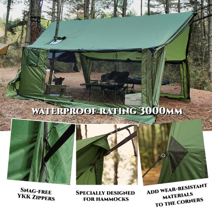 Dandelion Shell Hammock Hot Tent with Stove Jack and Double-Sided mesh Windows - Spacious, Versatile Wall Tent with Snow Skirt(No Poles)-Green Waterproof & Windproof, Ideal for Camping, Backpacking
