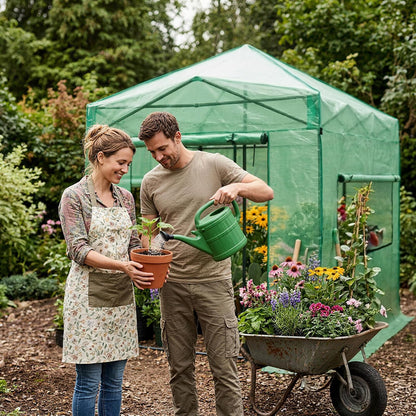 CROWN SHADES 8x6 Walk-in Greenhouse,Pop Up Portable Greenhouse with Center Lock One Push Instant,Outdoor Greenhouse Kit with Roll-Up Door,Mesh Windows&Adjustable Height for Backyard Garden（Green）