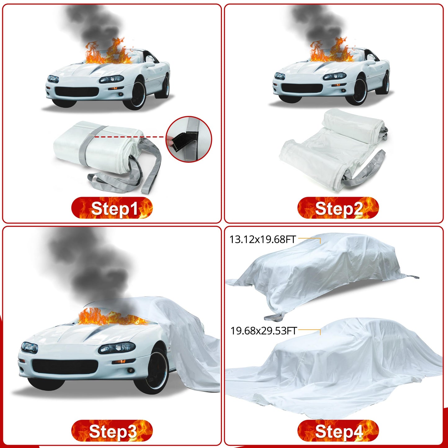 Azazccm Emergency Fire Blanket for Car, Large Fiberglass Fire Suppression Blanket, Survival Safety for Electric Vehicle Truck Automotive Conflagration (13.12x19.68FT), White