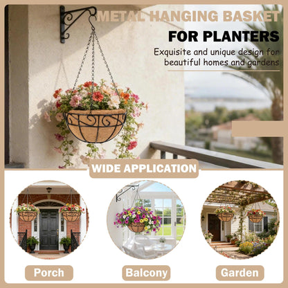 KIDYBELL Metal Hanging Planters Basket Set of 4 Outdoor with Coco Fiber Liners Chain Hanging Basket Suitable for Vegetables Flower Heavy Duty Round Plant Holder Garden Balcony Patio Deck Porch Decor