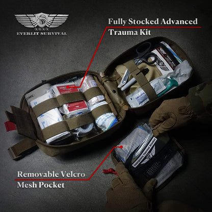 EVERLIT Advanced Trauma Kit, CAT GEN-7 Tourniquet, TCCC Compliant, Mil-Spec Nylon Laser Cut Pouch with 36" Splint, Military Combat Tactical IFAK for Emergency Bleeding Control (Black)