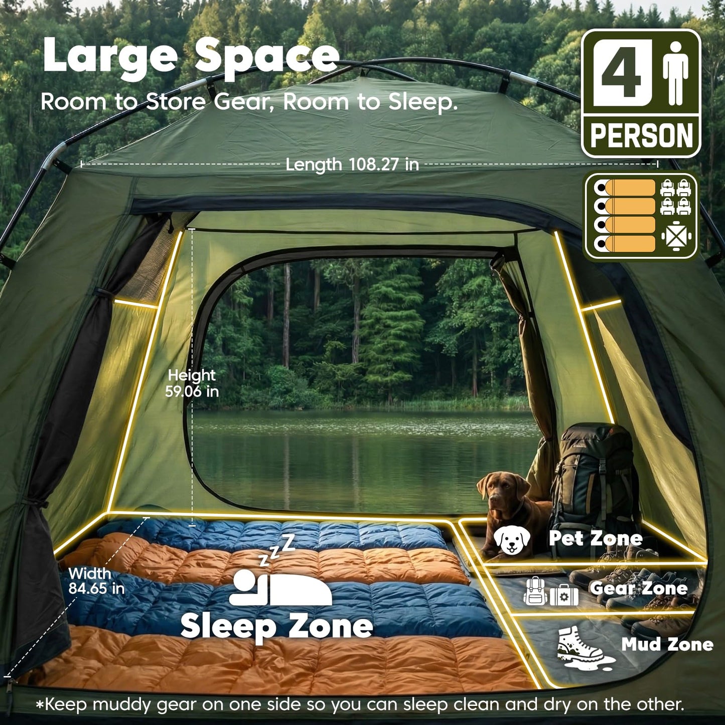 Purebox Tent 4 Person Camping Tents - Double Layer with 2 Doors & Rainfly, Portable Waterproof & Windproof Tents, Large Mesh Ventilation, Easy Setup Family Tent for Camping, Hiking and Backpacking