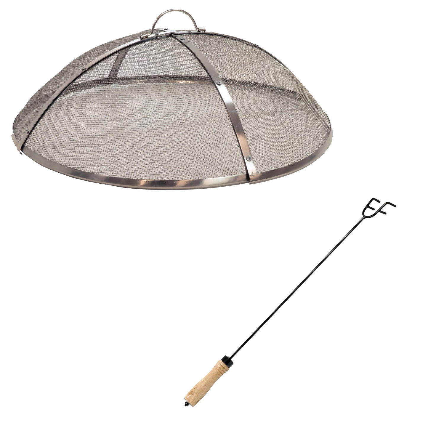 Sunnydaze 24” Round Rust-Resistant Stainless Steel Spark Screen with Handle and 26” Steel Fire Pit Poker Stick with Wood Handle