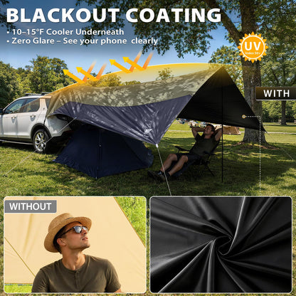 GEERTOP Large Car Awning Tarp Blackout Sun Shade Shelter for SUV Truck Tailgate Canopy Waterproof for Camping Beach Tailgating - Easy Setup with Poles