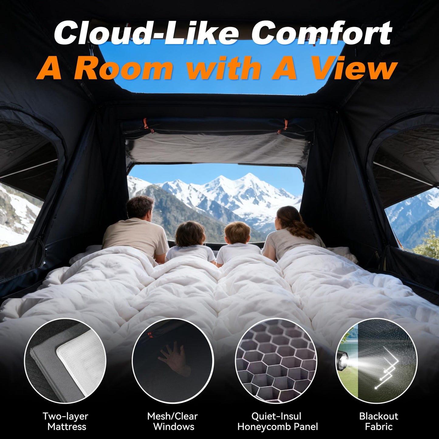 Bayati Rooftop Tent Hard Shell, Easy Set Up Pop Up Large Tent for 2-3 Person & Family Camping, Windproof Waterproof UV-Resistant Blackout Privacy 4 Season Tents for Truck, Jeep, SUV, Van, Trailer