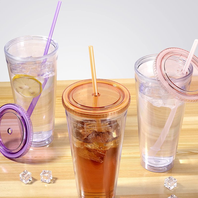 Luxfuel 32 oz Acrylic Tumblers with Lid & Straws, Double-Walled Insulated Clear Plastic Drink Cup, BPA-Free, Reusable Iced Coffee Cups for Parties, Birthdays, Graduation, Fits Car Cup Holders - 4 Pack