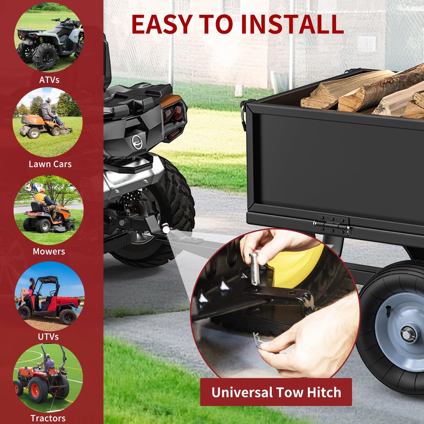 YITAMOTOR 500lbs Heavy Duty ATV Trailer Steel Dump Cart, Tow Behind Utility Dump Trailer with Removable Sides for Riding Lawn Mower Tractor, Black Utility Dump Trailer for Garden & Yard Work