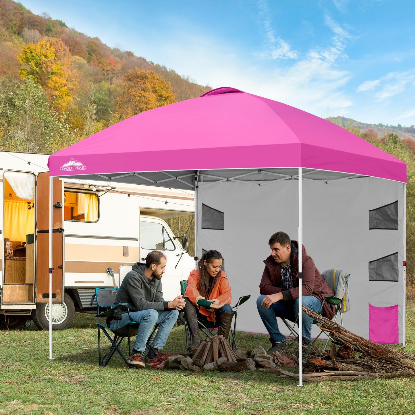 EAGLE PEAK Commercial Canopy 10x10 with Sidewall Storage, Easy OnePerson Setup Pop Up Canopy Tent with Roller Bag, Stakes, Ropes, and Weight Bags, Pink