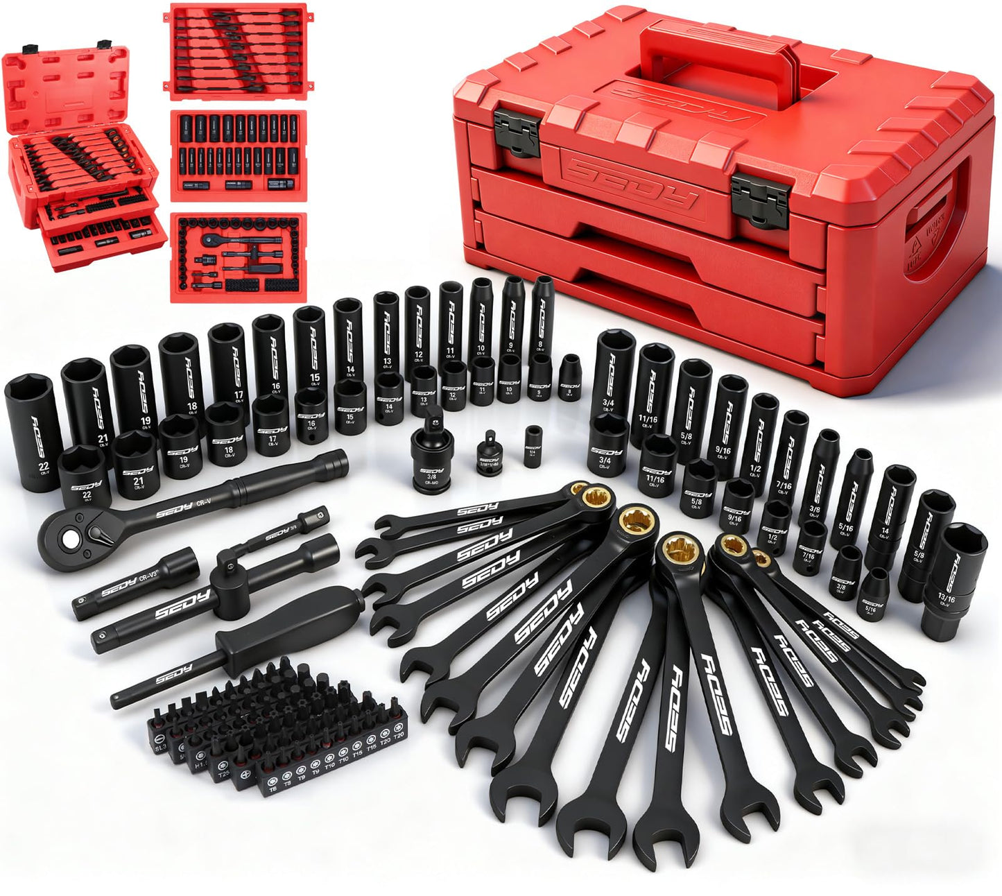 Premium 132-Piece Mechanics Tool Set, SAE/Metric 1/4" & 3/8" Drive Socket Set, Ratcheting Wrenches, Extensions & Adapters, Quick-Release Ratchet, Professional Auto Repair Tool Kit with Storage Case