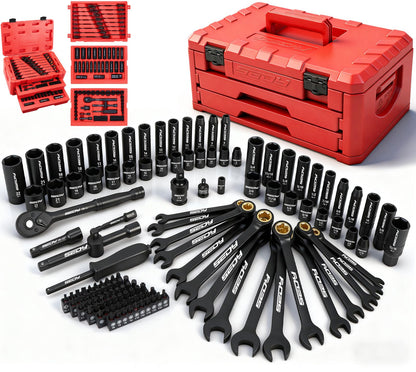 Premium 132-Piece Mechanics Tool Set, SAE/Metric 1/4" & 3/8" Drive Socket Set, Ratcheting Wrenches, Extensions & Adapters, Quick-Release Ratchet, Professional Auto Repair Tool Kit with Storage Case