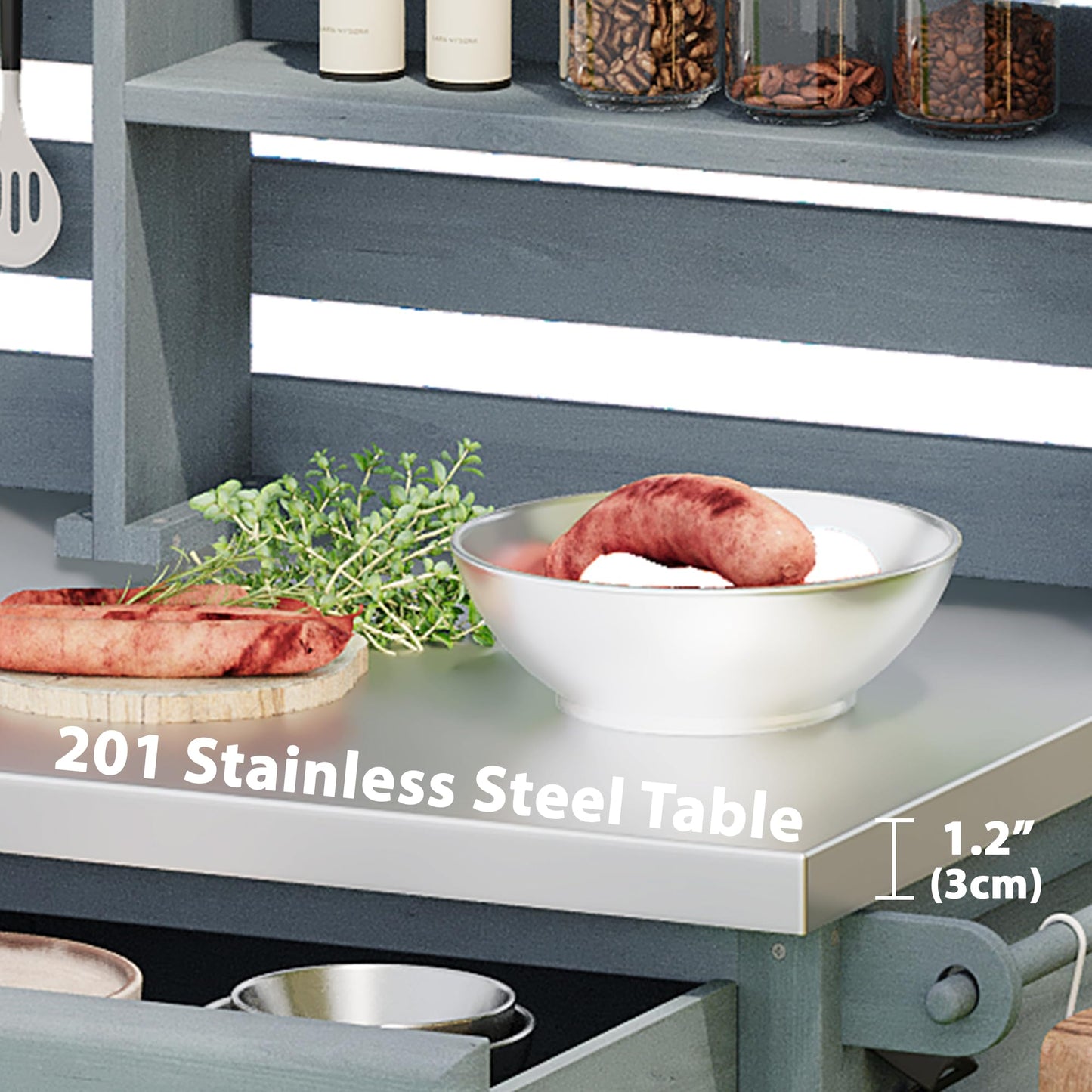 Merax 64.9"H Outdoor Potting Bench Table with Lockable Wheels, Solid Wood Outdoor Kitchen Island with Upper Hutch, Stainless Steel Top, Towel Rack, Outdoor Storage for Grilling, Lawn Garden, Grey Blue