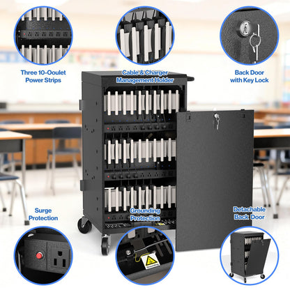 Pochar 30 Devices Laptop Charging Cart for Chromebook, iPad, 14'' Tablets - Charging Storage Cart for Classroom with Cable Management & Grounding Protection, Assembly Required