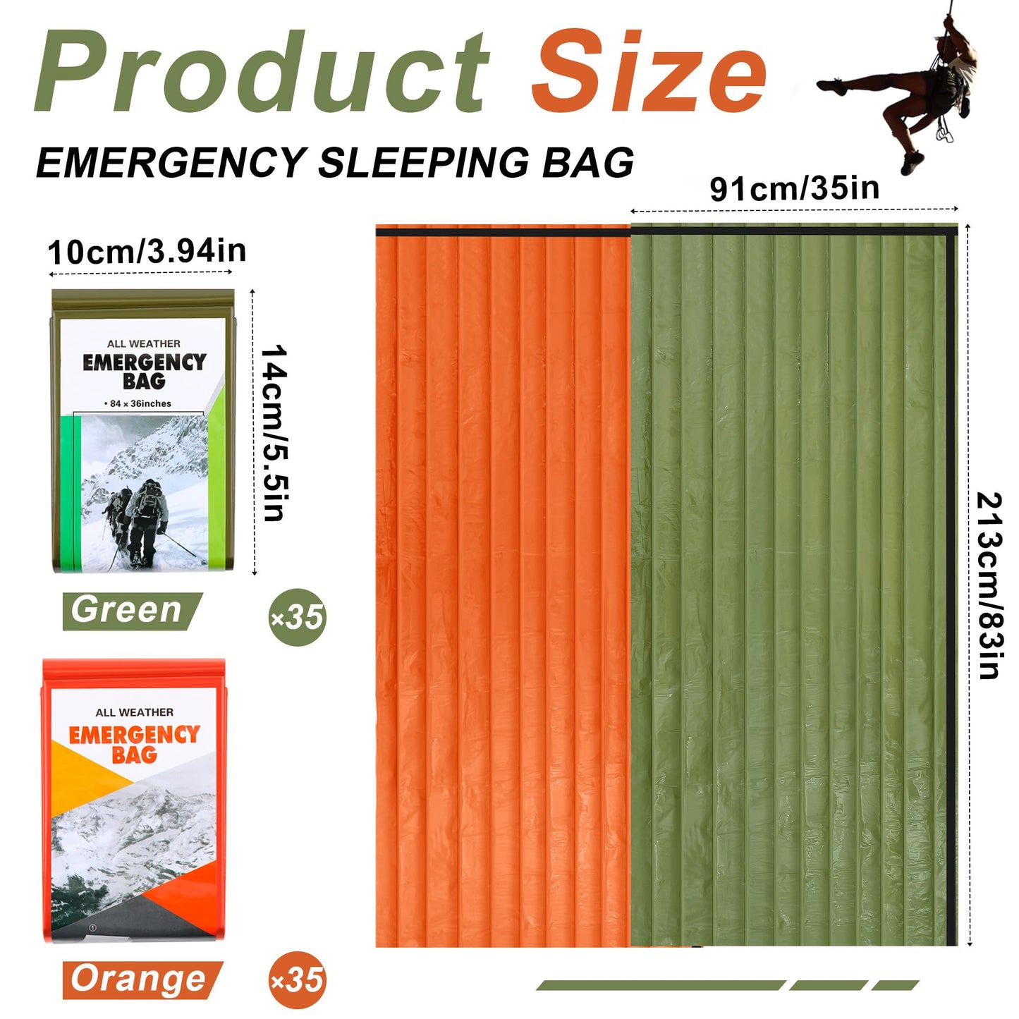 Preboun 70 Pcs Emergency Sleeping Bag Bulk Portable Lightweight Survival Bag Thermal Bivy Sack Emergency Blanket Survival Gear for Outdoor Camping Hiking Homeless People Shelter (Orange,Green)