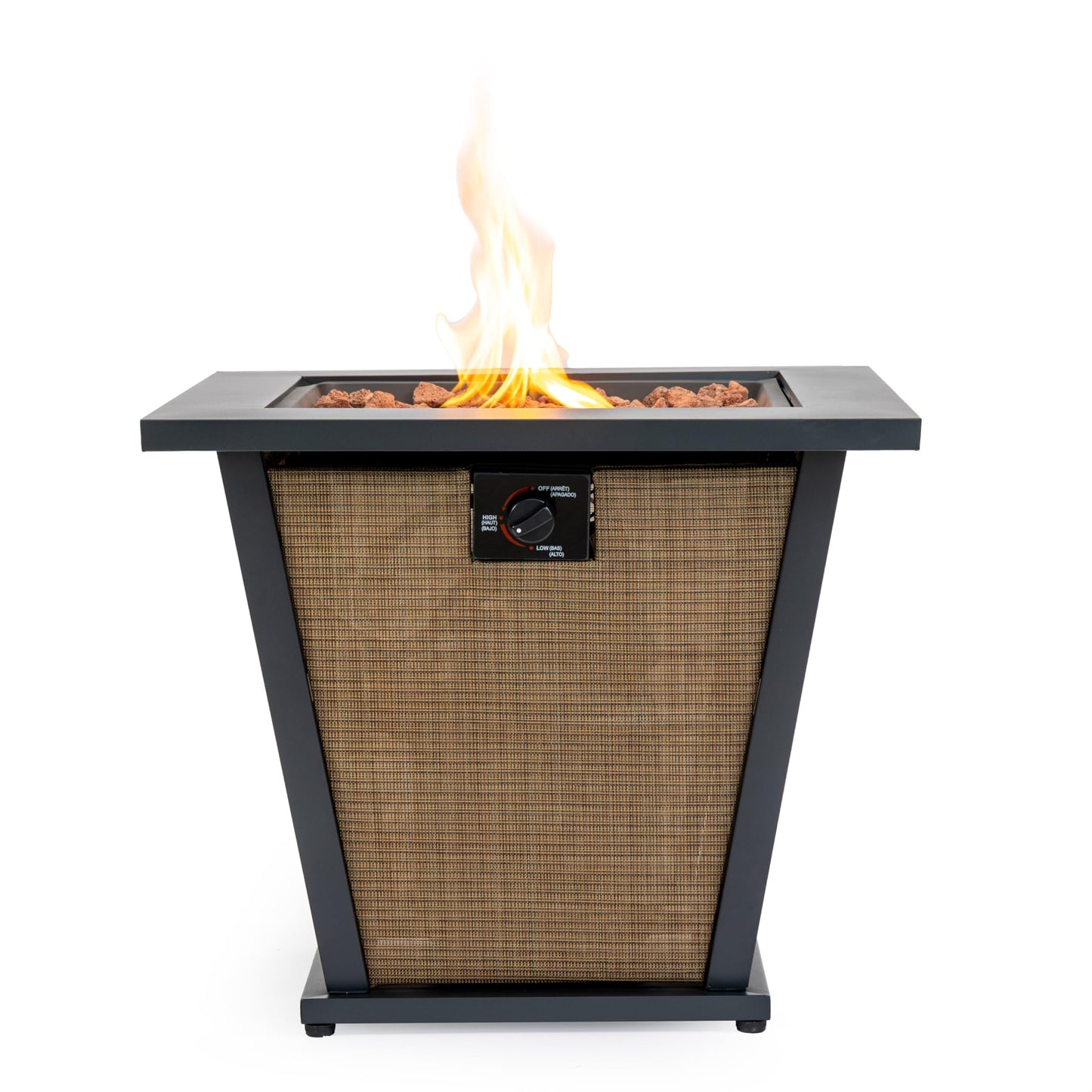 28" Propane Gas Fire Pit Table, 50000 BTU Square Outdoor Fire Pit with Steel Tabletop & Textilene Base, Patio Fire Table with Lid, Lava Rocks & Rain Cover for Backyard Deck Garden, Brown
