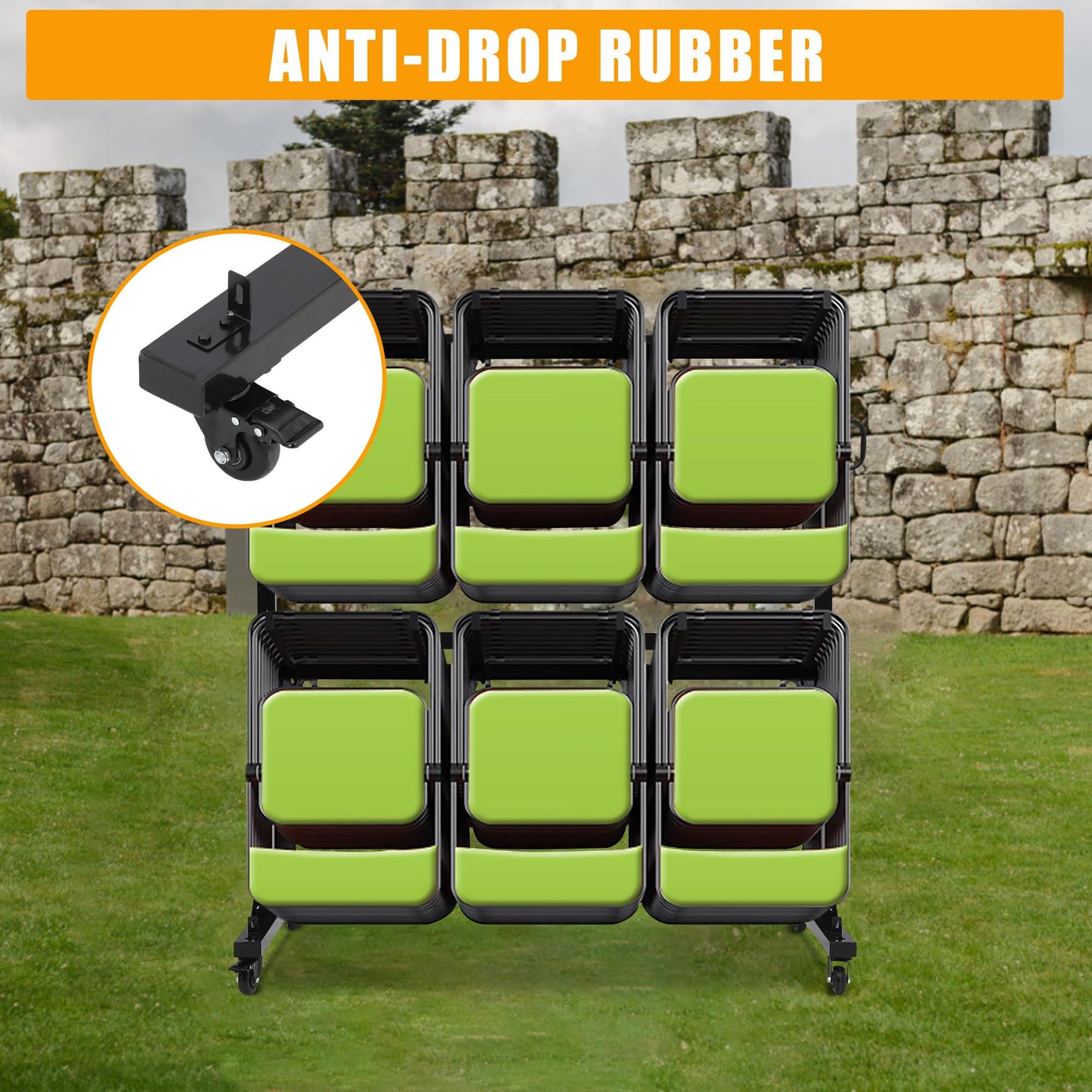 Folding Chair Cart Storage Rack on Wheels, Two-Tier 800Lbs Capacity Heavy Duty Adjustable Rolling Rack for 84 Chairs or 24 Tables, with Locking Wheels,Rain Cover,Elastic Cords Wheels, Straps, Black