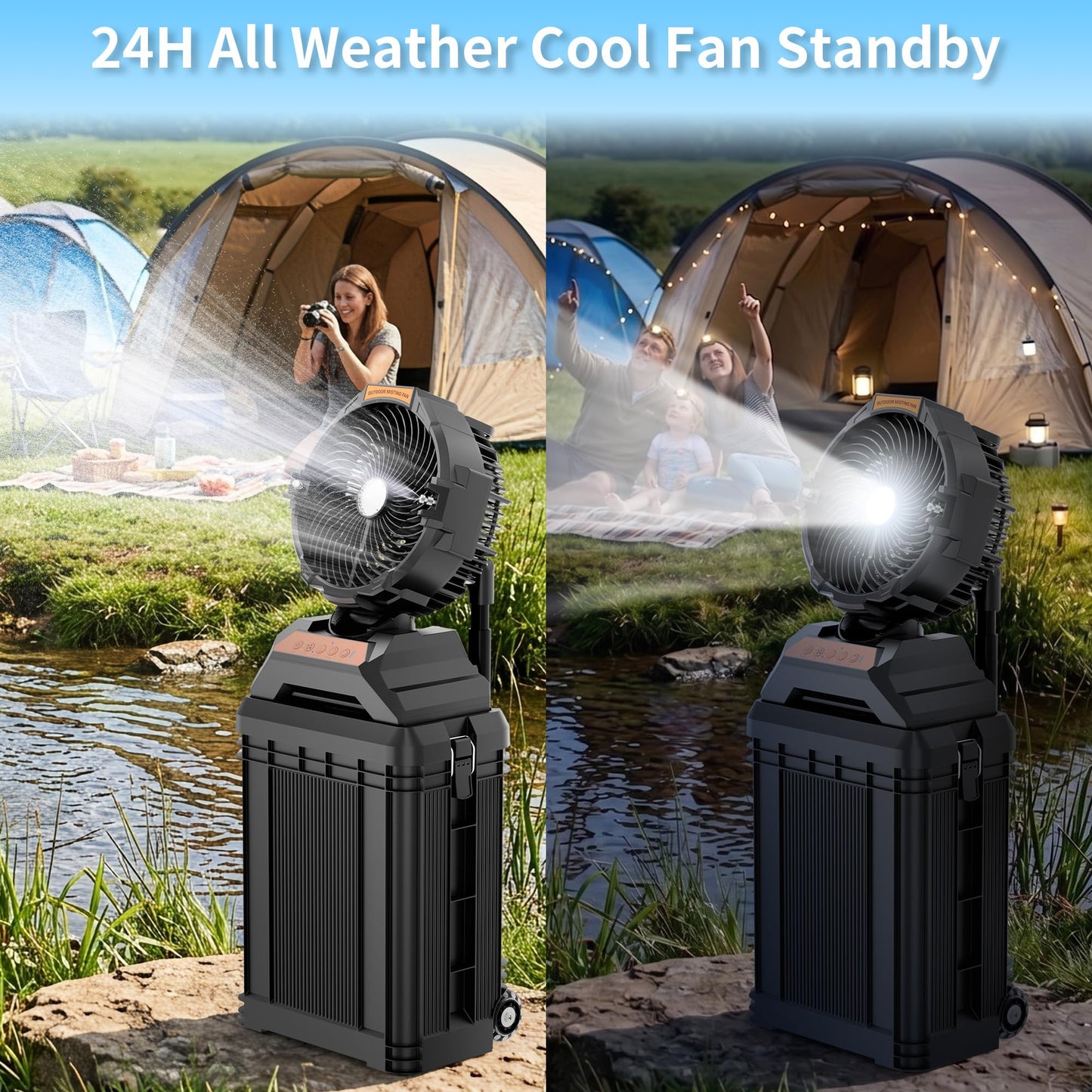 WESTTREE Misting Fan Portable with 15L Large Bucket, 4-in-1 Mist 8 Modes Spray Fan with Retractable Handle & Oscillating Outdoor Camping Fan,36H Runtime, 4-Level Wind Speed/Lighting for Tent