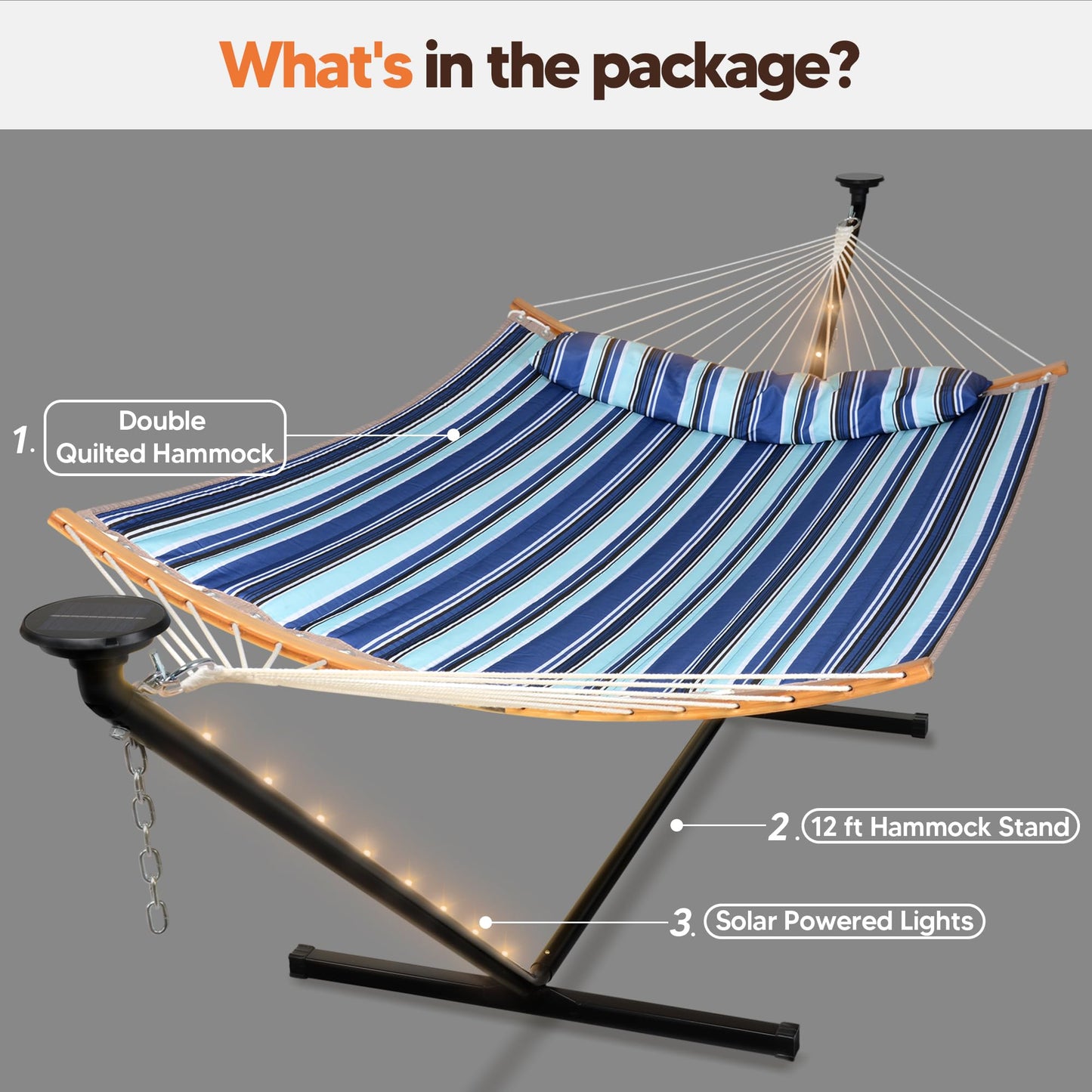 SUNCREAT Double Hammock with 12 ft Stand, Solar Powered Lights Included, Outdoor Hammock for Outside, Blue & White