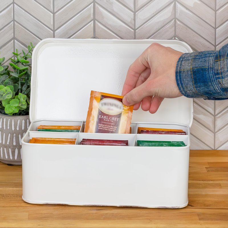 AuldHome Design Farmhouse Tea Bag Box (White), Vintage Retro Style Enamelware Tea Storage Tin