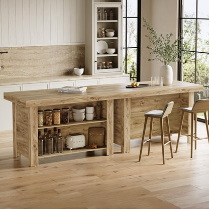 LITTLE TREE 55 Inches Kitchen Island with Storage, 3-Tier Farmhouse Wooden Stationary Island Table with Large Worktop & Leg Room, Modern Coffee Bar Table with Storage Shelf for Kitchen, Oak