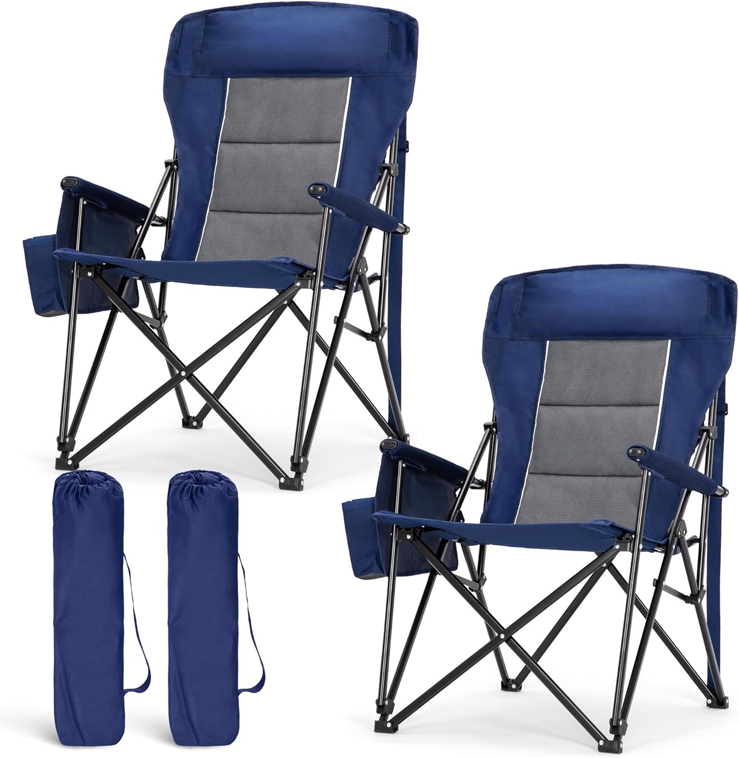 LET'S CAMP Oversized Camping Chairs - Heavy Duty 500LBS Support | Portable Collapsible Design, 2 Pack (Blue)