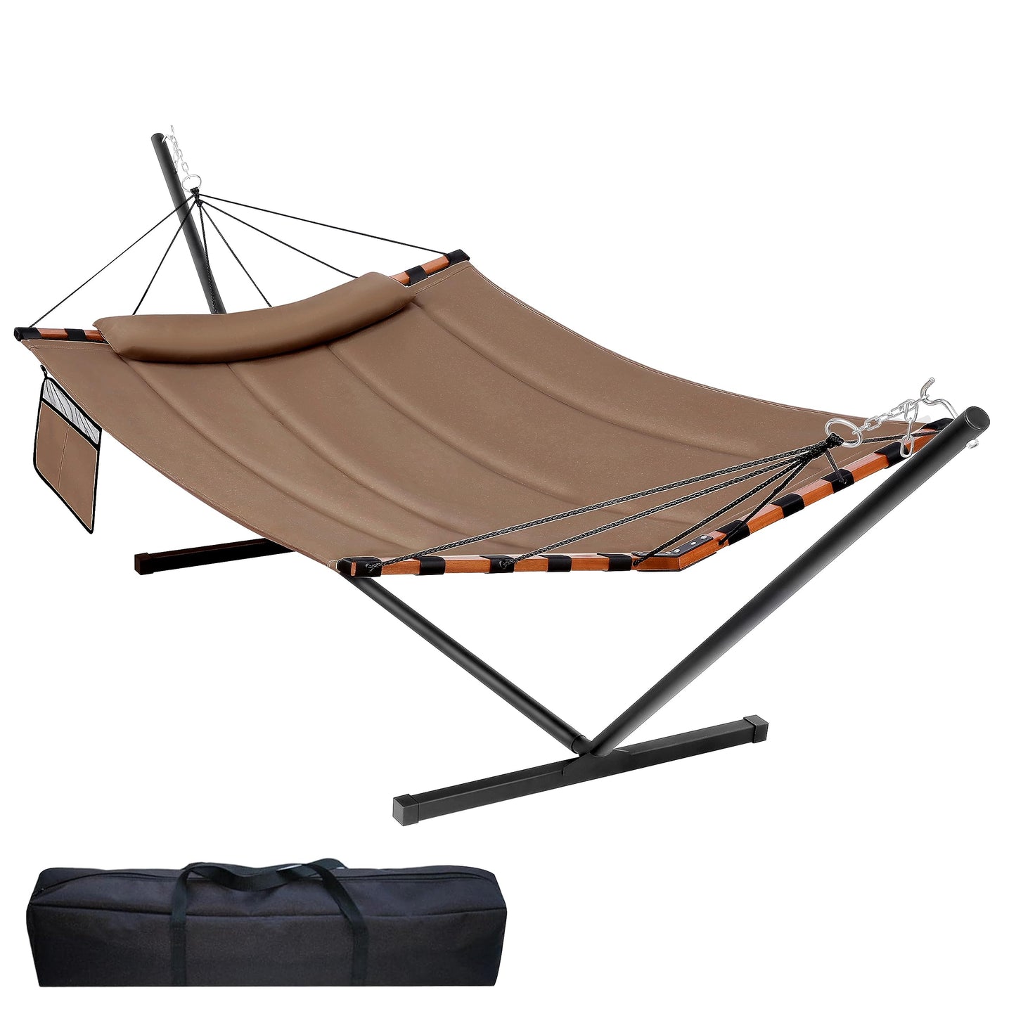 TegerDeger 12FT 2 Person Hammock with Stand Included 55 x 79IN Large Hammock 450LB Capacity with Hardwood Spreader Bar & Nylon Rope for Outside, Patio, Garden, Backyard, Beach, Poolside - Brown