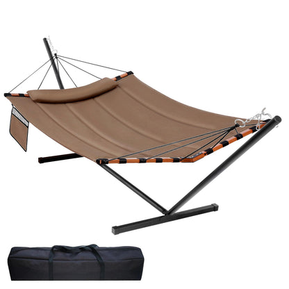 TegerDeger 12FT 2 Person Hammock with Stand Included 55 x 79IN Large Hammock 450LB Capacity with Hardwood Spreader Bar & Nylon Rope for Outside, Patio, Garden, Backyard, Beach, Poolside - Brown