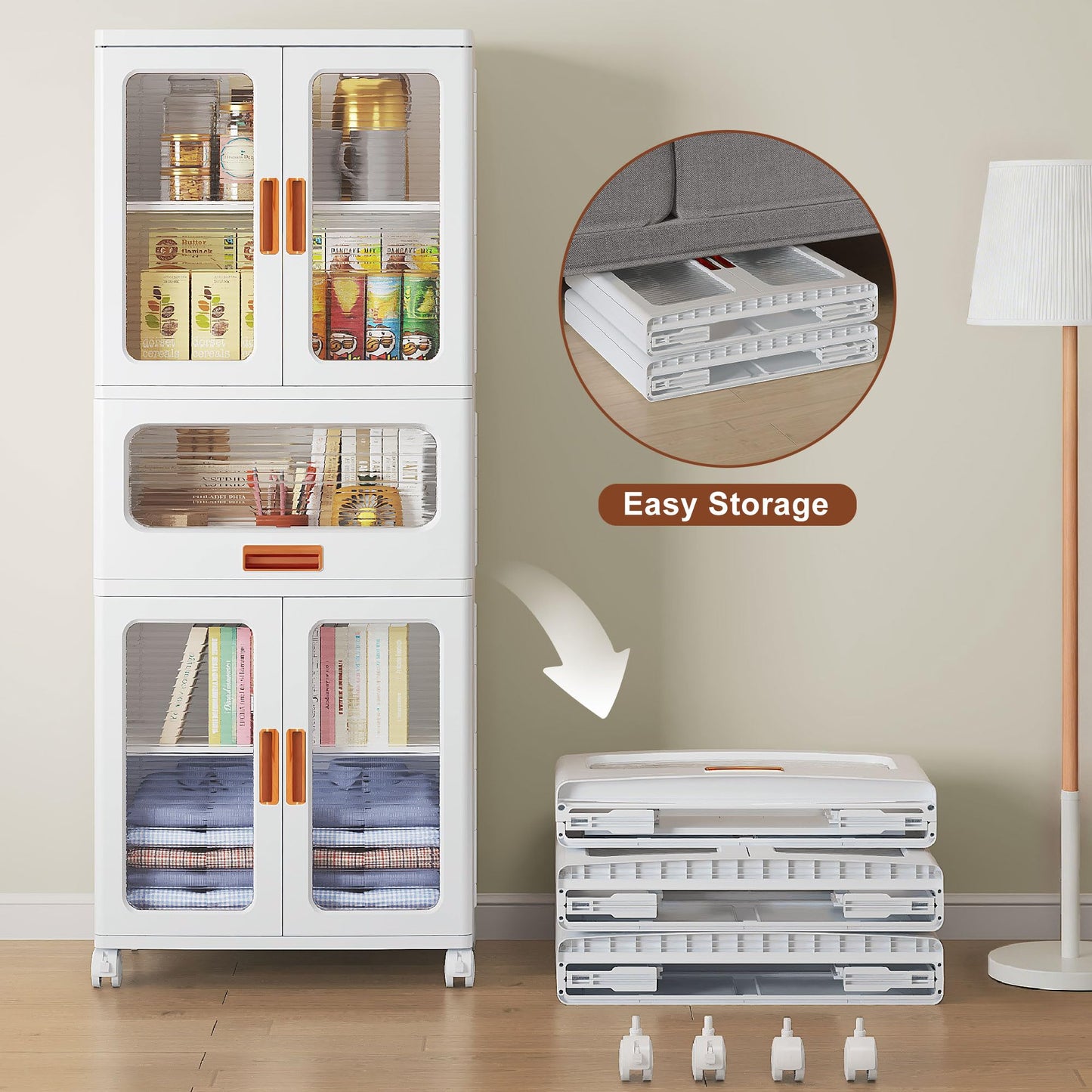 VECELO 226QT Stackable Storage Bins with Lids, Large Collapsible Storage Bins with Drawer and Movable Wheels, Adjustable Shelves, Anti-Tip, for Living Room, Bedroom, Kitchen, White