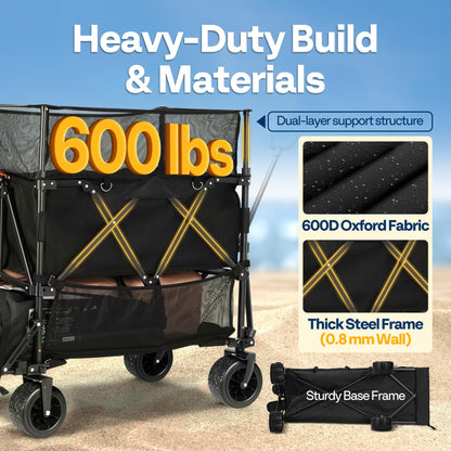 VIVOHOME 500L Large Capacity Double Decker Collapsible Wagon 500lbs Heavy Duty Utility Folding Cart with Big Wheels 53" Extended for Camping, Sports