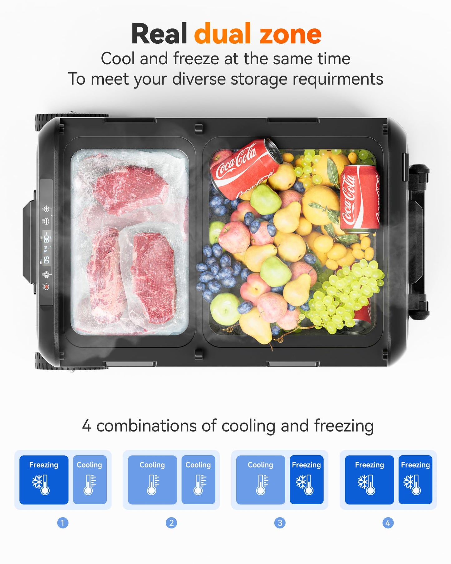 WOLFBOX 12V Car Refrigerator, 49 Quart Dual Zone Car Fridge, Portable Freezer(-8℉~68℉) with 12/24V DC 100/240V AC, APP Control Electric Cooler for Car, RV, Camping, Travel and Home Use