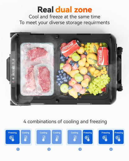 WOLFBOX 12V Car Refrigerator, 49 Quart Dual Zone Car Fridge, Portable Freezer(-8℉~68℉) with 12/24V DC 100/240V AC, APP Control Electric Cooler for Car, RV, Camping, Travel and Home Use