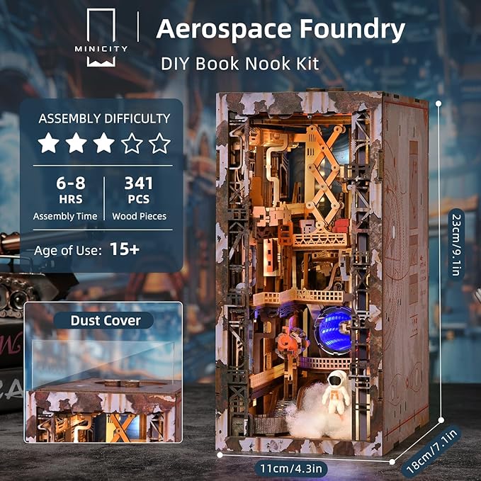 Book Nook Kit- DIY Miniature Industrial Model Kit with Dust Cover &amp LED Lights(Aerospace Foundry)